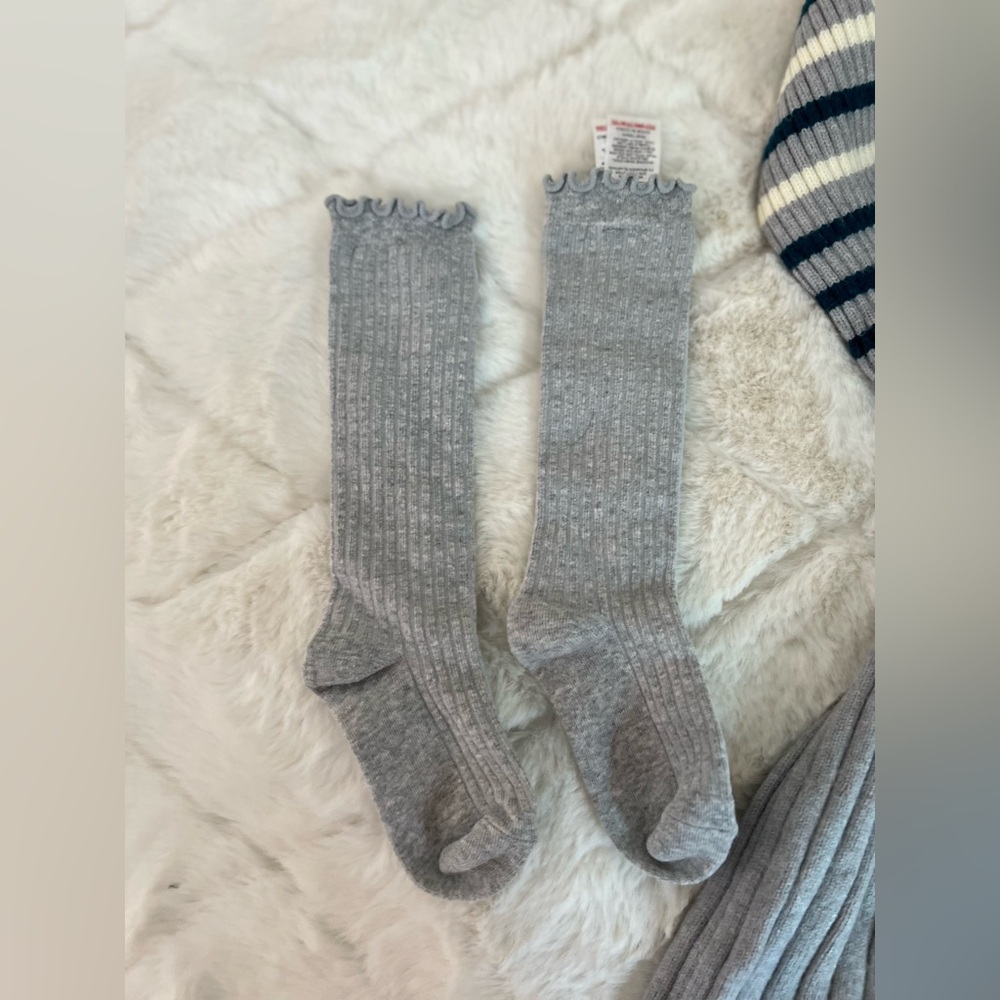 Girls Sweater Dress & Knee Socks Set Gray Striped Size 7/8 Cozy Outfit - Picture 7 of 10